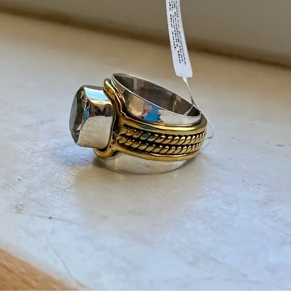 Green amethyst sterling silver and brass ring - Picture 5 of 14